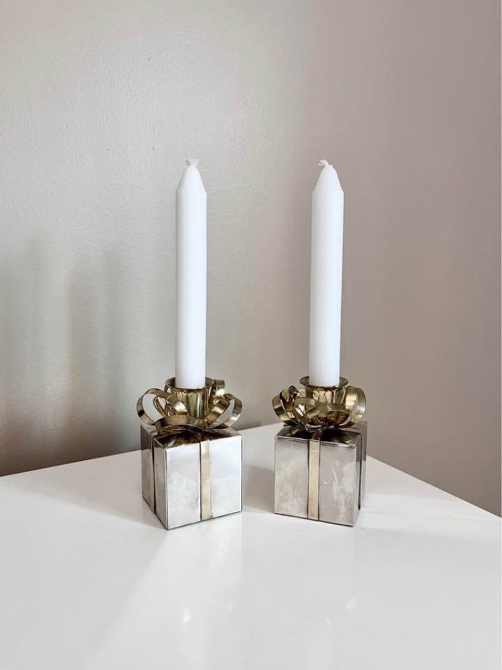 Vintage Silverplate and Brass Christmas Present Candleholders